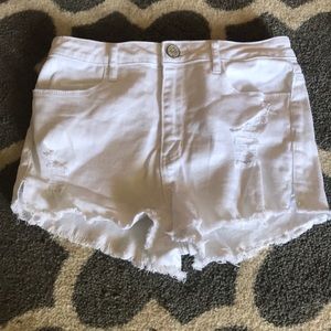 White high rise distressed jean shorts
